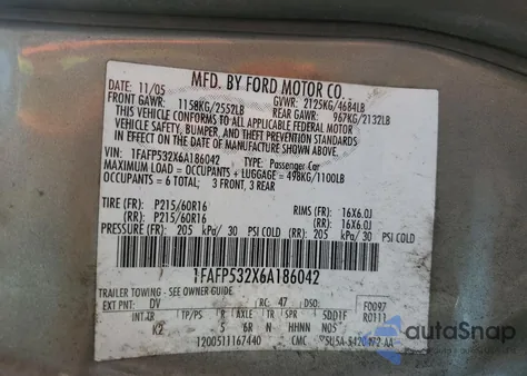 2006 Ford Taurus Se из США, поврежденный, VIN 1FAFP532X6A186042